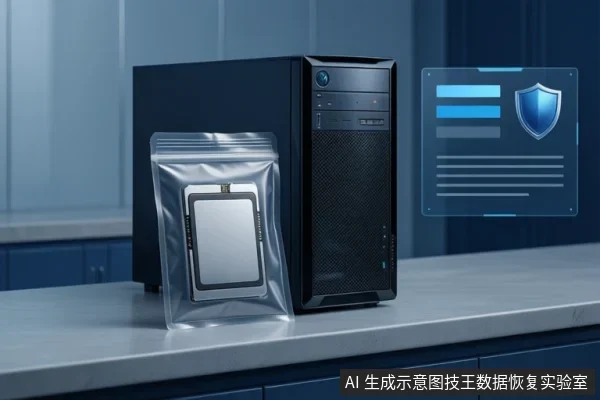 桌面上黑色台式主机旁,透明防静电袋内装一块2.5英寸固态硬盘,右侧蓝色盾牌图标示意数据保护。