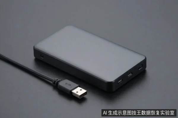 黑色长方形外置硬盘盒平放于深色桌面,左侧延伸出一根USB数据线,接头为USB-A公头,硬盘盒侧面可见多个接口。