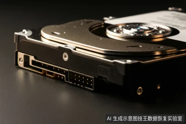 黑色背景上展示一块机械硬盘的侧面与接口,可见盘体、主轴电机区域以及SATA数据与电源接口。