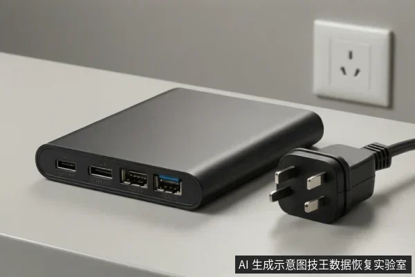 桌面上一台黑色外置硬盘盒，前端排列多个数据接口，旁边放着一个三脚电源插头，背景墙面有一个电源插座。