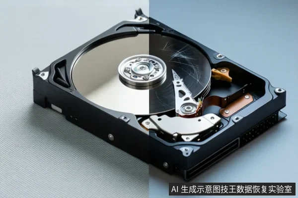 一块打开外壳的机械硬盘，画面左右分割：左侧盘片光滑，右侧盘片布满划痕，磁头臂与主轴结构可见。