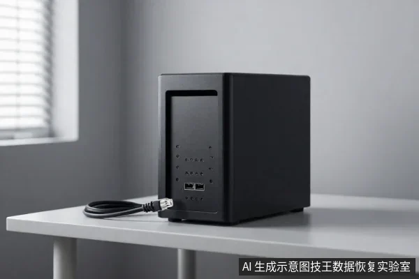 一台黑色NAS设备放在白色桌面上,旁边连着一根黑色网线,背景是窗户和百叶窗。