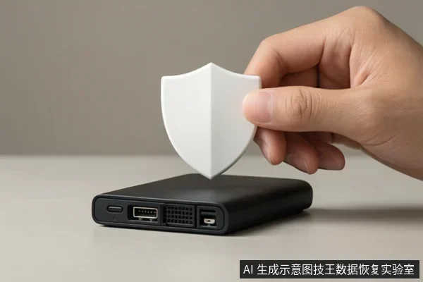 白色桌面上放置一个黑色移动硬盘,一只手正将一个白色盾牌模型悬停在硬盘上方。