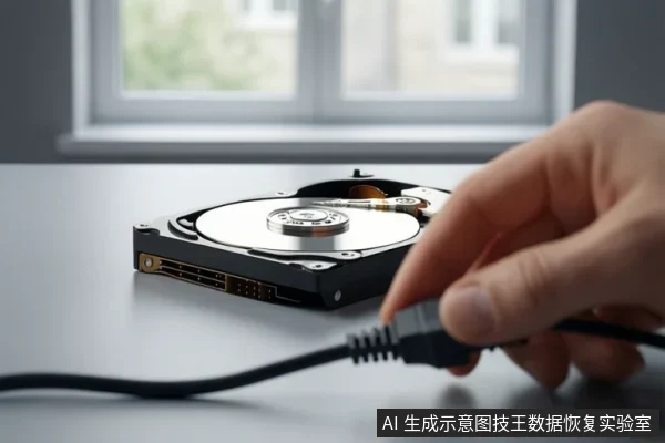 一只手正将黑色线缆插头靠近一块打开顶盖的机械硬盘,硬盘平放在浅色桌面上,背景为模糊的窗户。