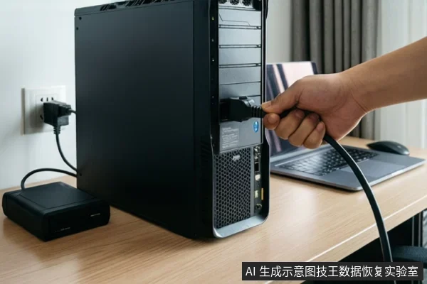 一只手正将一根黑色线缆插入台式电脑主机前部的接口,桌面上还放有笔记本电脑、鼠标和外接硬盘。