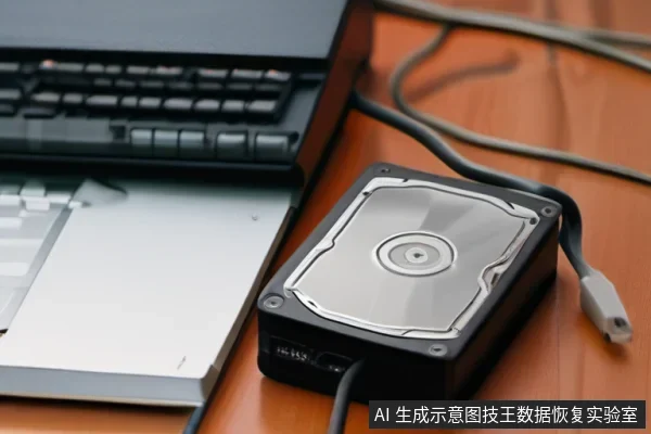 桌面上放置着一台笔记本电脑,旁边是一个外置硬盘盒,其连接的USB线缆悬空在桌面上,未插入电脑。