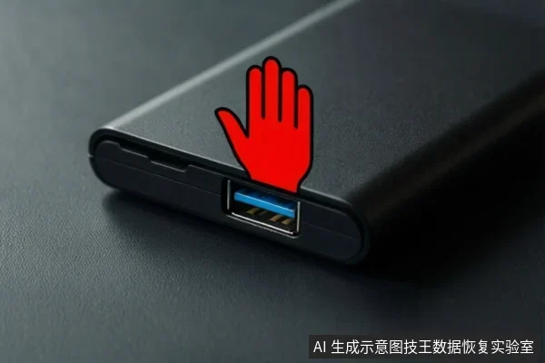 黑色移动硬盘侧面特写,USB接口处叠加红色禁止手势图标,示意避免操作。