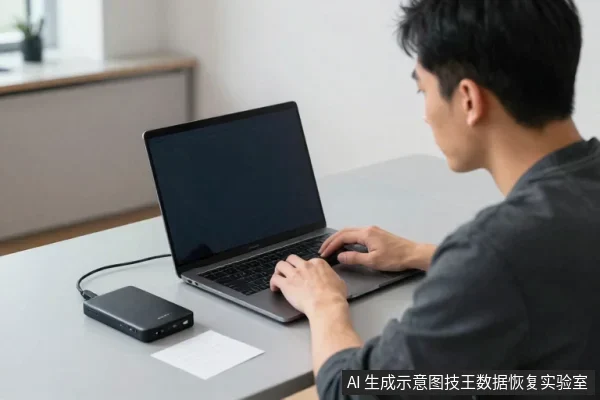 一名亚洲男性坐在桌前操作笔记本电脑，桌面左侧放着一块黑色外置硬盘，通过USB数据线连接电脑，旁边有一张白纸。