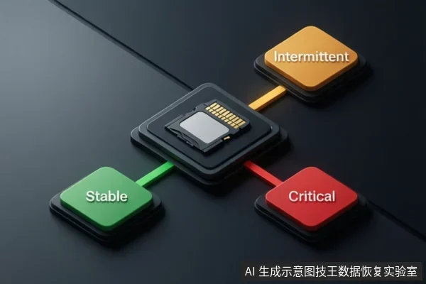 黑色背景上，中央放置一张CF卡，通过彩色连接线分别指向标有“Stable”、“Intermittent”和“Critical”的三个方块。