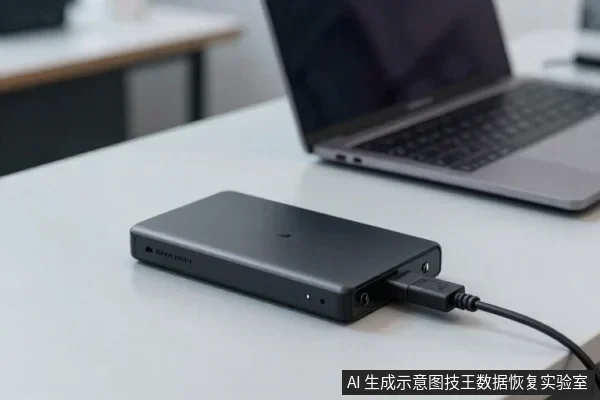 白色桌面上放着一块黑色移动硬盘，通过USB线连接，后方有一台打开的笔记本电脑。