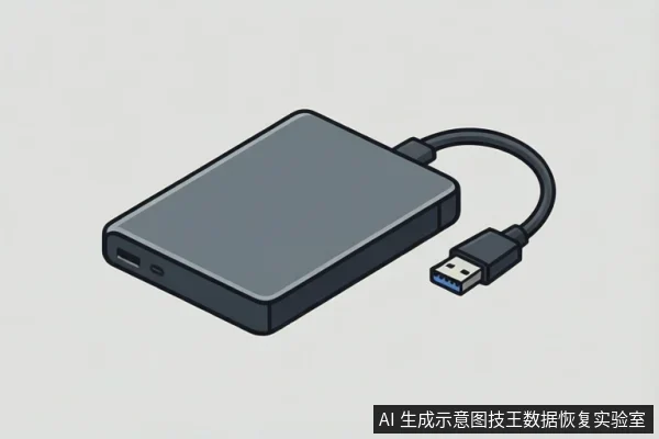 灰色移动硬盘连接USB数据线，接口端为蓝色USB-A插头，硬盘侧面可见接口与指示灯。