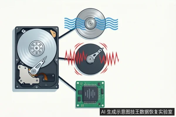 An open hard drive with callouts to the platter, actuator arm, and a green PCB chip.