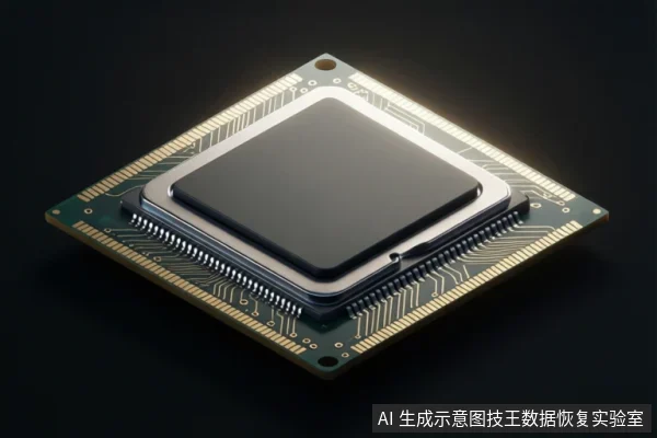 A square integrated circuit chip mounted on a green PCB with gold traces.