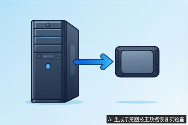 画面左侧为一台黑色台式电脑主机,右侧为一个黑色移动固态硬盘,中间有一个蓝色箭头从主机指向硬盘,示意连接或数据传输关系。