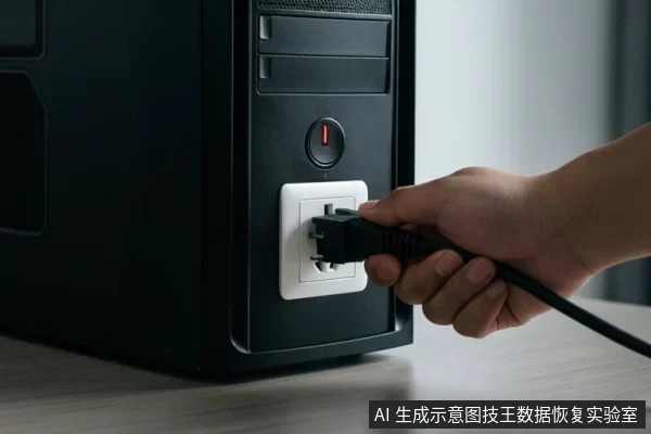 黑色台式电脑主机侧面,一只手正将电源线插头插入白色插座,背景为浅色桌面和墙面。
