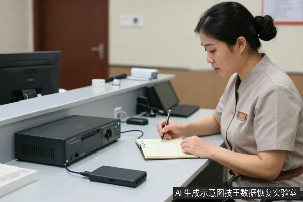 一名身穿制服的女性坐在办公桌前,手持笔在笔记本上记录,桌上放着一台黑色录像设备和移动硬盘。