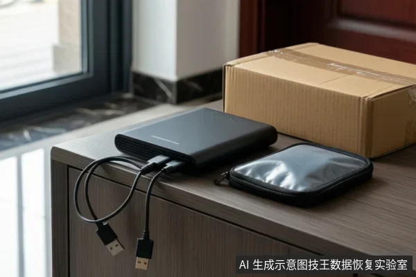 木桌上放着一块黑色外置移动硬盘、一根未连接的USB数据线、一个黑色拉链收纳包和一个棕色快递纸箱，背景为窗户与门。