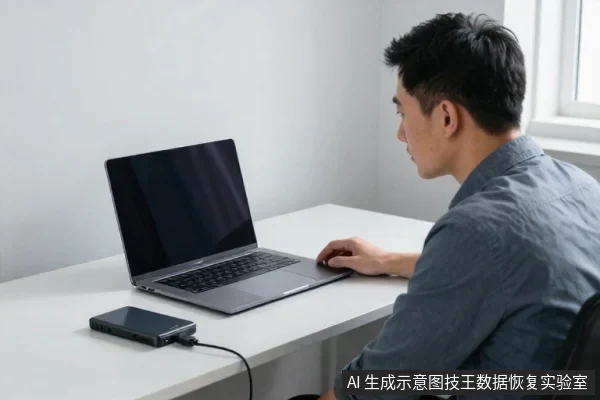 一名亚洲男性坐在白色桌前,面前是一台银色笔记本电脑,桌面左侧放着一块黑色移动硬盘,通过USB数据线连接至电脑。
