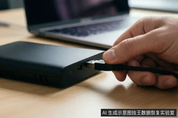 A hand plugs a USB cable into a black external hard drive on a wooden desk.