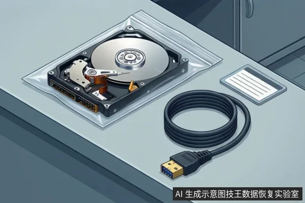 桌面上放着一块开盖机械硬盘,可见盘片与磁头臂,旁边有一根盘绕的SATA数据线和一个小标签。