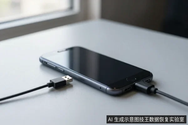 一部深色智能手机平放在浅色桌面上,机身右侧插着充电线,左侧放着一个未连接的USB插头。