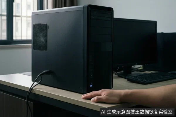 办公桌上放置一台黑色台式电脑主机，侧面有散热孔，前方有手扶在桌边，背景有显示器和键盘。