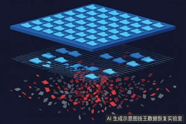 蓝色存储芯片阵列悬浮在网格上方，下方散落大量红灰碎片，示意介质物理损伤与数据碎片化。