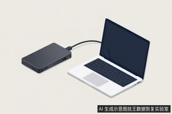 一台白色笔记本电脑通过线缆连接左侧黑色外置硬盘盒,屏幕为深色,无可见文字。