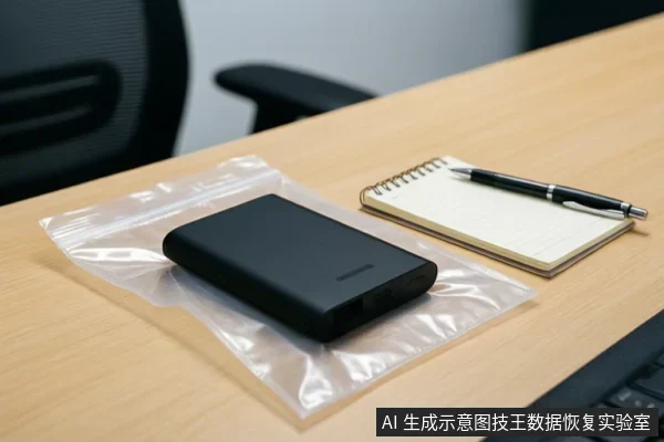 木质桌面上,一个黑色移动硬盘放在透明塑料袋中,旁边有一本螺旋笔记本和一支笔,背景是办公椅。
