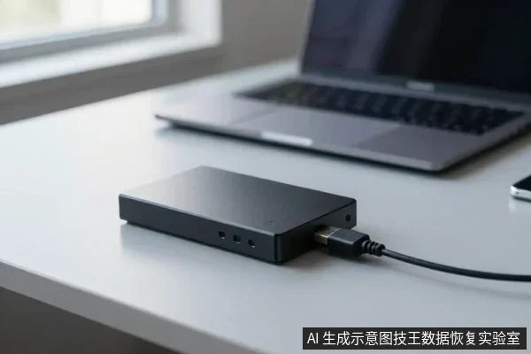 黑色移动硬盘平放在白色桌面上,通过USB线连接,背景有笔记本电脑和窗户