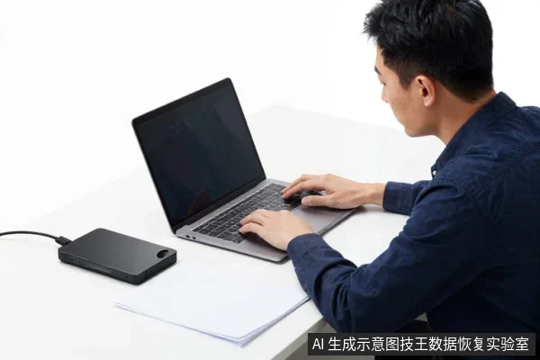 一名亚洲男子坐在桌前操作笔记本电脑,桌面左侧放着一块黑色移动硬盘,旁边有纸张。