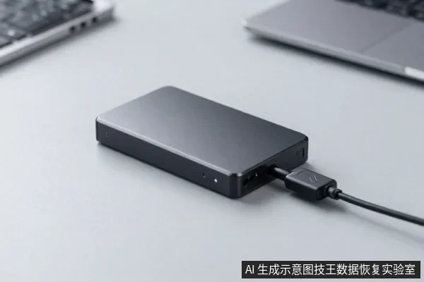 灰色桌面上放着一块黑色移动硬盘,通过USB线连接,背景有笔记本电脑键盘