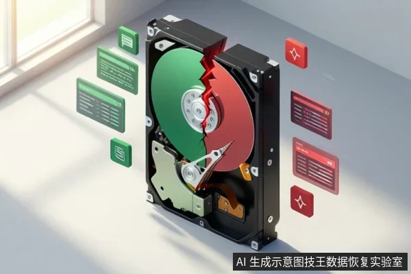 一个机械硬盘的盘片被一道裂缝劈开,左侧有绿色文件图标,右侧有红色错误图标,背景为桌面。
