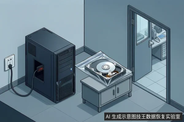 房间内有一台插着电源的黑色台式电脑主机,旁边柜子上放着一个装在透明袋中的开盖机械硬盘,背景有一扇开着的门通向另一个房间。