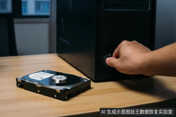 木质桌面上放着一块裸露的机械硬盘,旁边是一台黑色台式电脑主机,一只手正按压主机前部的电源按钮。