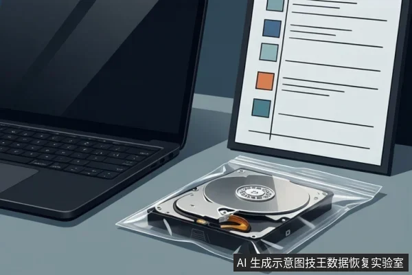 桌面左侧为黑屏笔记本电脑,中间透明防静电袋内放一块开盖机械硬盘,可见盘片与磁头臂,右侧立着带彩色方块和横线的清单展示板