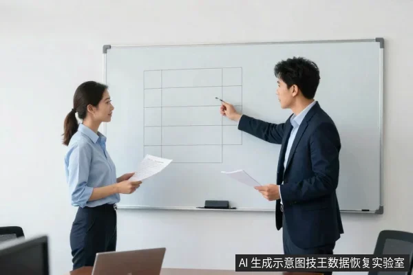 办公室内,一名穿浅蓝衬衫的女性手持文件,一名穿深色西装的男性手持文件并用笔指向白板上的表格。