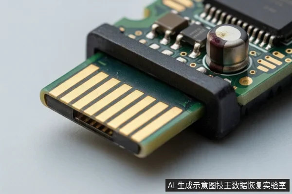 一块绿色PCB电路板特写,前端伸出带金色触点的USB接口,板上可见芯片、电容等元器件,接口根部有黑色固定结构。