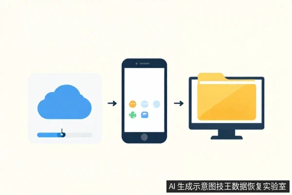 手机屏幕显示多个应用图标,左侧有云朵图标,右侧有电脑文件夹图标,箭头指示数据从云端经手机传输至电脑。