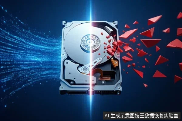 画面中央为一个打开的机械硬盘，盘片与磁头臂可见。硬盘被一道垂直亮光从中间分割，左侧有蓝色数据流，右侧有红色碎片向外飞散。