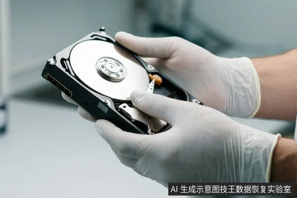 戴白色手套的双手托住一块打开外壳的机械硬盘，可见盘片、主轴与磁头组件，背景为浅色实验室环境。