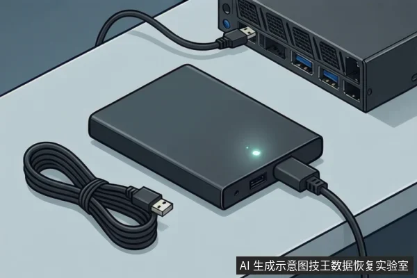 插画显示桌面上一块黑色移动硬盘亮着绿色指示灯,USB线连接至右侧主机的USB接口,旁边盘绕放着一根备用数据线。