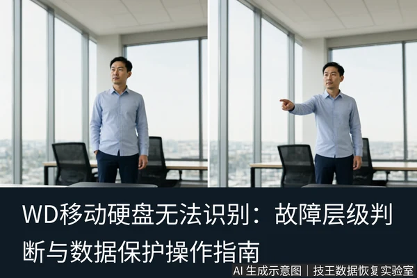文章内容场景示意图:WD移动硬盘无法识别:故障层级判断与数据保护操作指南:正文场景