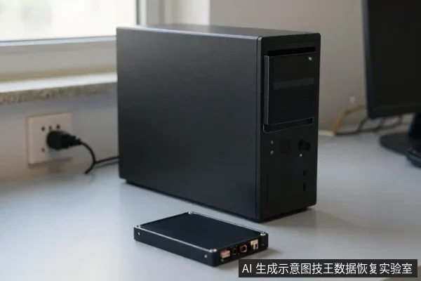 桌面上放置一台黑色台式主机，前方平放一块黑色移动硬盘，两者均未连接线缆，背景有电源插座和显示器。