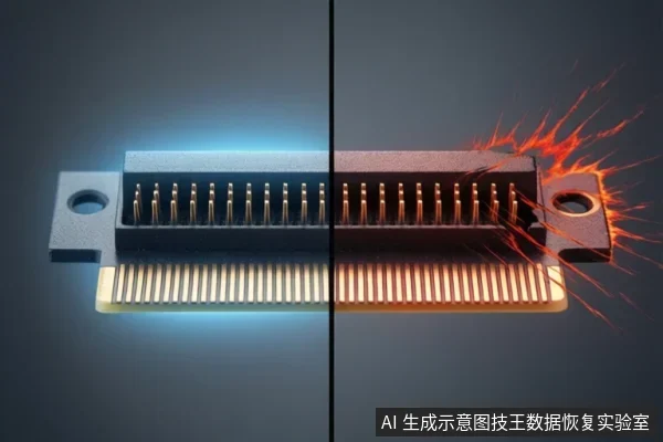 画面左右对比展示一个带多根针脚和底部触点的接口连接器，左侧呈蓝色正常状态，右侧呈红色并伴有火花状放电效果。