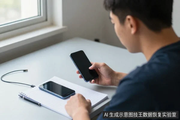 一名亚洲男子坐在桌前，右手持黑色手机查看屏幕，桌上笔记本上放着另一部手机和一支笔。
