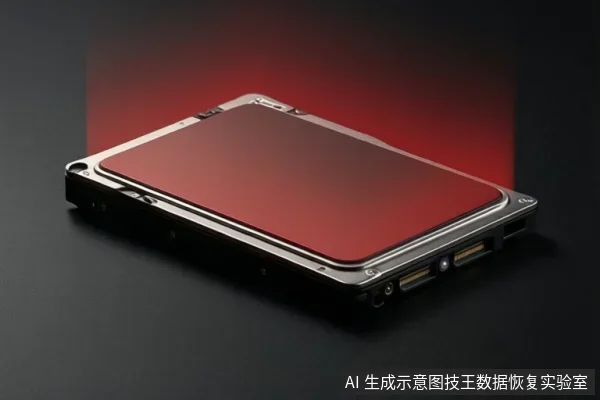 黑色背景中放置一块红色顶盖、银色边框的硬盘,侧面可见多个接口和螺丝孔,无人员操作。