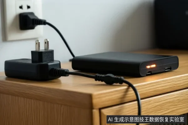 木质桌面上放着一块黑色移动硬盘,侧面橙色指示灯亮起,旁边黑色电源适配器的插头插在墙上插座,线缆连向硬盘。