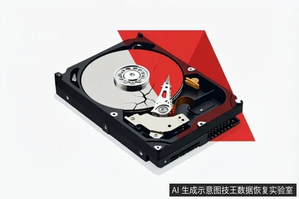 一块打开顶盖的机械硬盘平放在白色背景上,盘片表面绘有裂纹,磁头臂位于盘片上方,背景为红色几何图形。