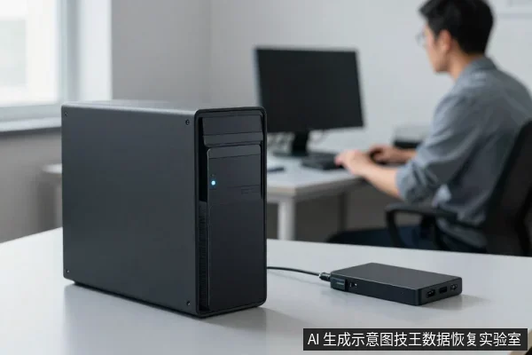黑色台式电脑主机旁放着一块移动硬盘,通过数据线连接,背景中一名男子坐在桌前使用电脑。